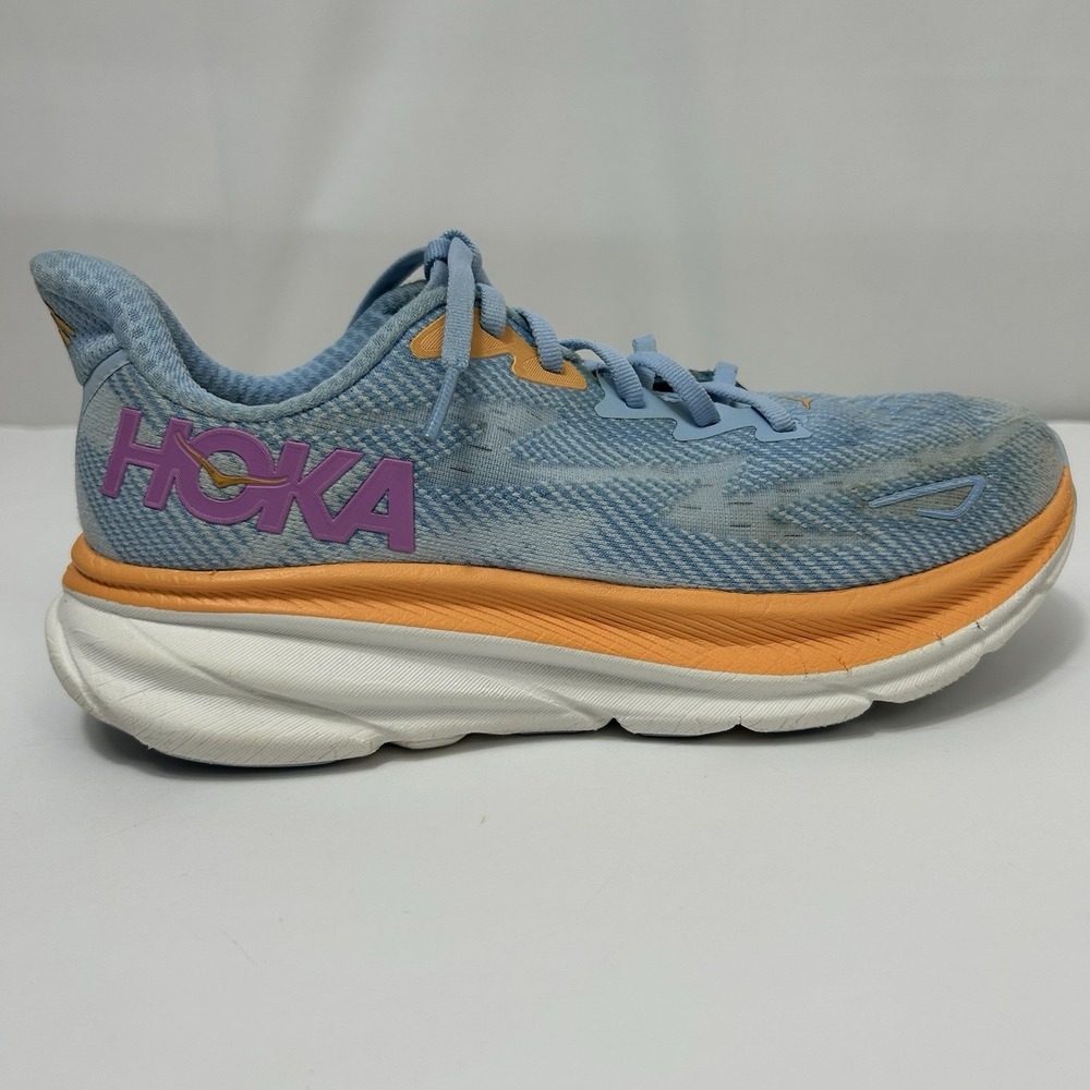 HOKA Clifton 9 Women's Running Shoes 7.5B Blue Orange Cushioned Road Trainers